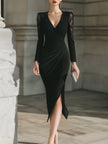 FJØRNA lace-panel draped V-neck midi cocktail dress, elegant evening dress with flowy fabric and intricate lace details.