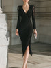 FJØRNA lace-panel draped V-neck midi cocktail dress, elegant evening dress with flowy fabric and intricate lace details.
