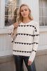 Heart Print Knit Sweater Women Crew Neck Striped