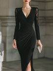 FJØRNA lace-panel draped v-neck midi cocktail dress, elegant evening dress with flowy fabric and intricate lace details.