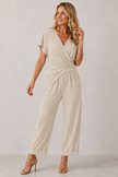 Wrap Jumpsuit Women V-Neck Short Sleeve Wide Leg