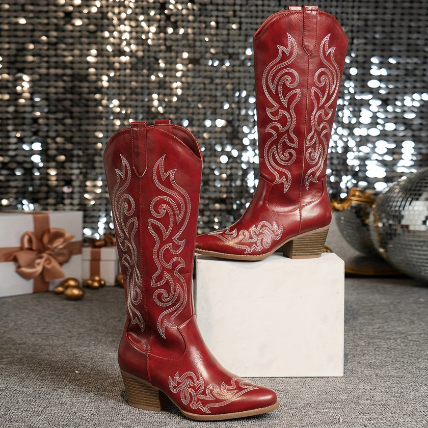 Cowboy Boots Embroidered Knee High Block Heel Pointed Toe Western Boots | Nanna