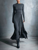 Grey knit wrap maxi dress for women by FJØRNA, featuring long sleeves, V-neck, and a flowing silhouette.