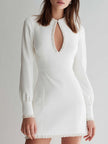 White FJØRNA long-sleeve pearl keyhole mini dress for women, featuring a fitted silhouette and elegant design.
