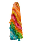 Colorful print ruffle women's maxi dress by FJØRNA featuring vibrant summer design and flowing fabric.