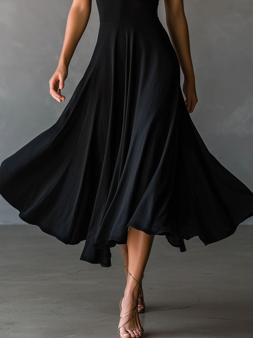 FJØRNA black halter neck midi dress, elegant evening dress with fitted bodice and flowing skirt, stylish for formal occasions