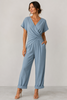 Wrap Jumpsuit Women V-Neck Short Sleeve Wide Leg