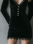 FJØRNA black velvet V-neck mini dress, elegant evening dress with fitted silhouette and stylish neckline.