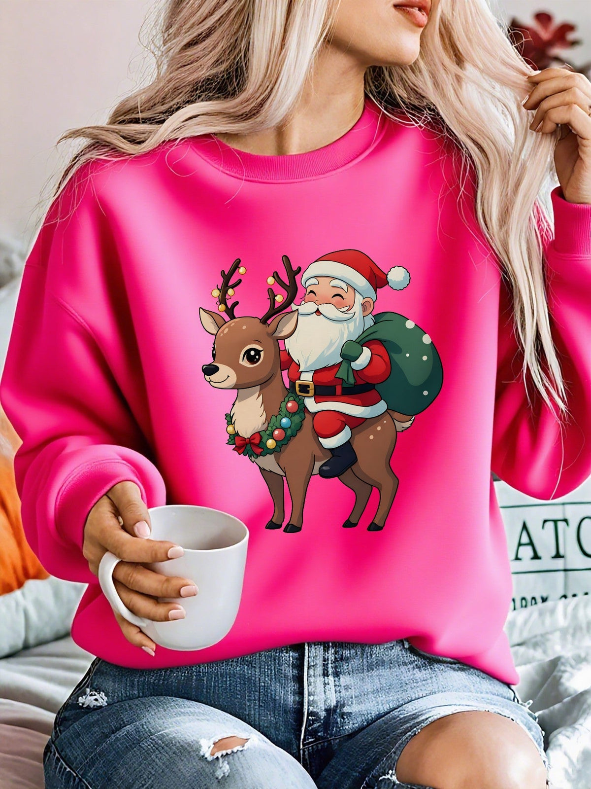 Ugly Christmas Sweater Reindeer Santa Fleece Crew Neck Tacky Holiday Jumper | Cosima