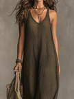 Olive green FJØRNA sleeveless knit maxi dress with casual style, featuring a relaxed fit and lightweight fabric.