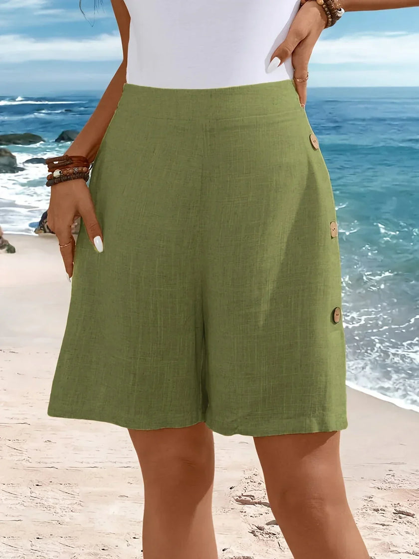FJØRNA women's lightweight summer shorts with elastic waist and button front, casual breathable shorts for warm weather.