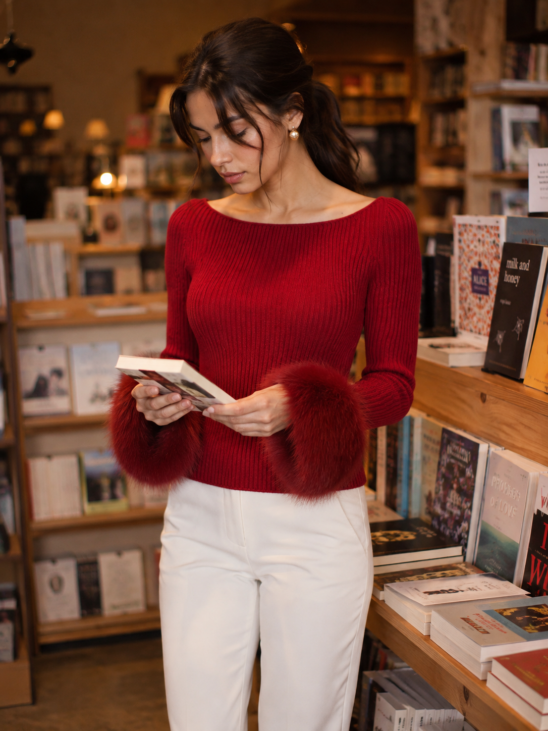 Red Boat-Neck Ribbed Knit Sweater with Faux Fur Cuffs Slim Fit for Women