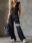 Black striped sleeveless hooded jumpsuit for women by FJØRNA, featuring a comfortable fit and stylish design.