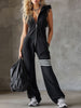 Black striped sleeveless hooded jumpsuit for women by FJØRNA, featuring a comfortable fit and stylish design.