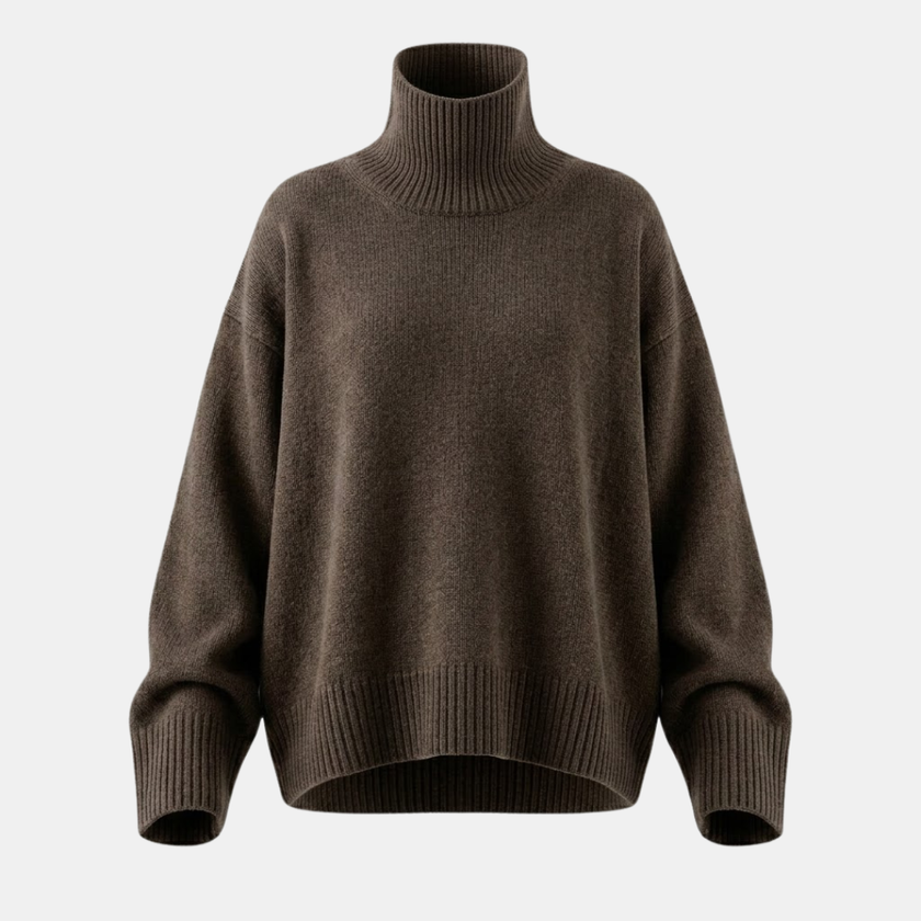 FJØRNA women's wool turtleneck sweater in neutral color, close-up of cozy knit fabric and classic turtleneck design.