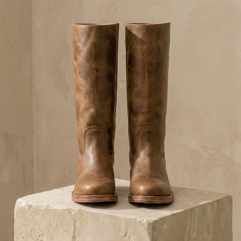Tan knee-high block heel boots for women by FJØRNA, winter leather shoes with sturdy heels and sleek design.