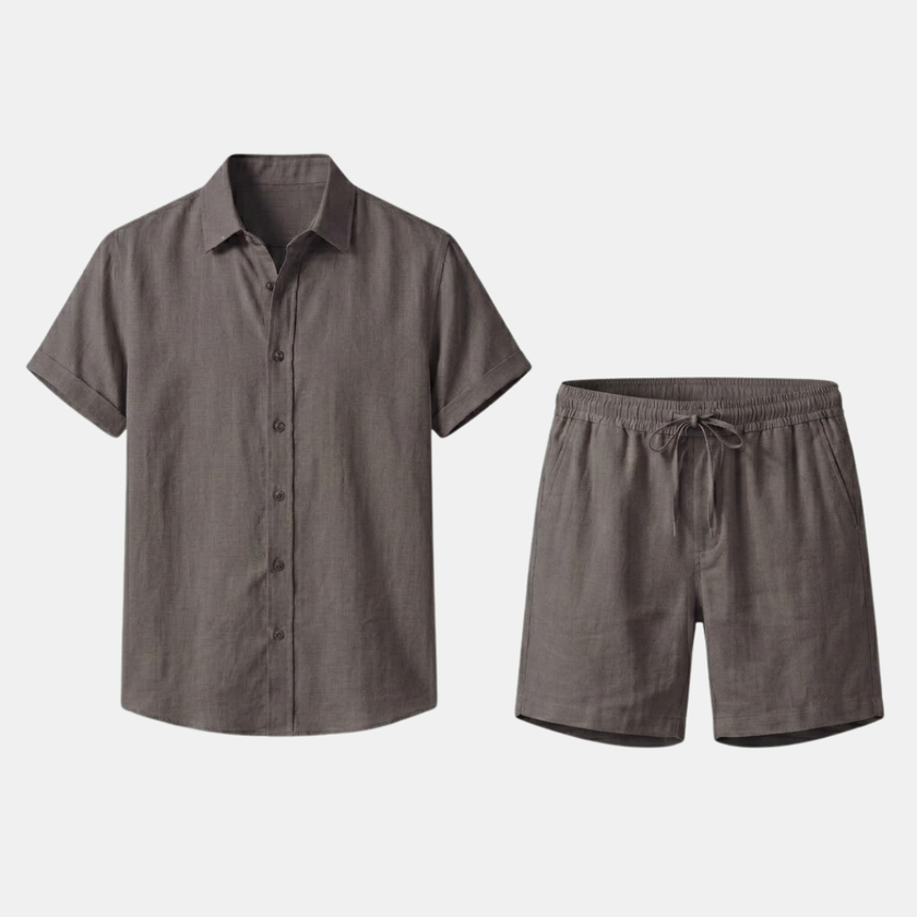 Men's linen blend shirt and shorts co-ord set by FJØRNA, perfect for summer vacation, featuring a light, breathable fabric.
