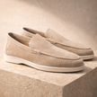 FJØRNA navy suede slip-on loafers for men, stylish smart casual shoes with smooth suede finish and comfortable fit.