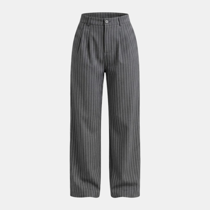FJØRNA women's pinstripe high-waisted wide-leg trousers, stylish and tailored pants with a modern fit, shown on a model.