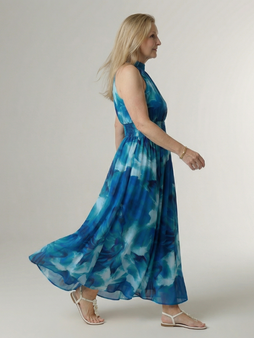 FJØRNA women's summer midi dress with halter neck, sleeveless, flowy design, perfect for warm weather occasions