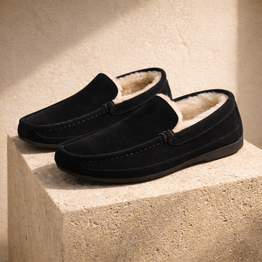 Men's suede wool-lined slippers by FJØRNA with cozy interior and slip-on design, perfect for winter comfort.