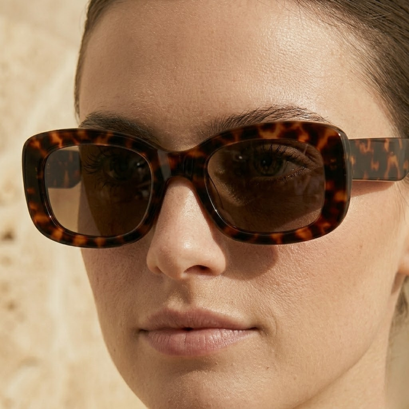 FJØRNA retro tortoiseshell rectangular unisex sunglasses with brown lenses and slim frame, stylish accessories for women.