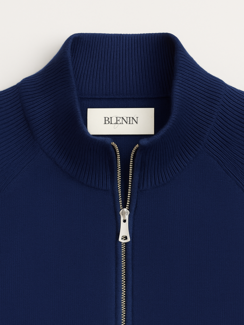 Wool Cardigan Men Fitted Full Zip Stand Collar