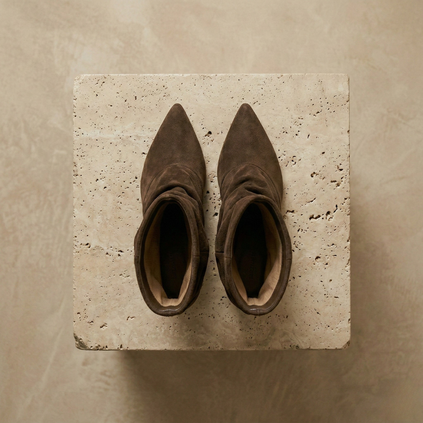 FJØRNA brown slouchy ankle boots for women with frill detail and Chelsea boot style, featuring a relaxed, slouchy design.