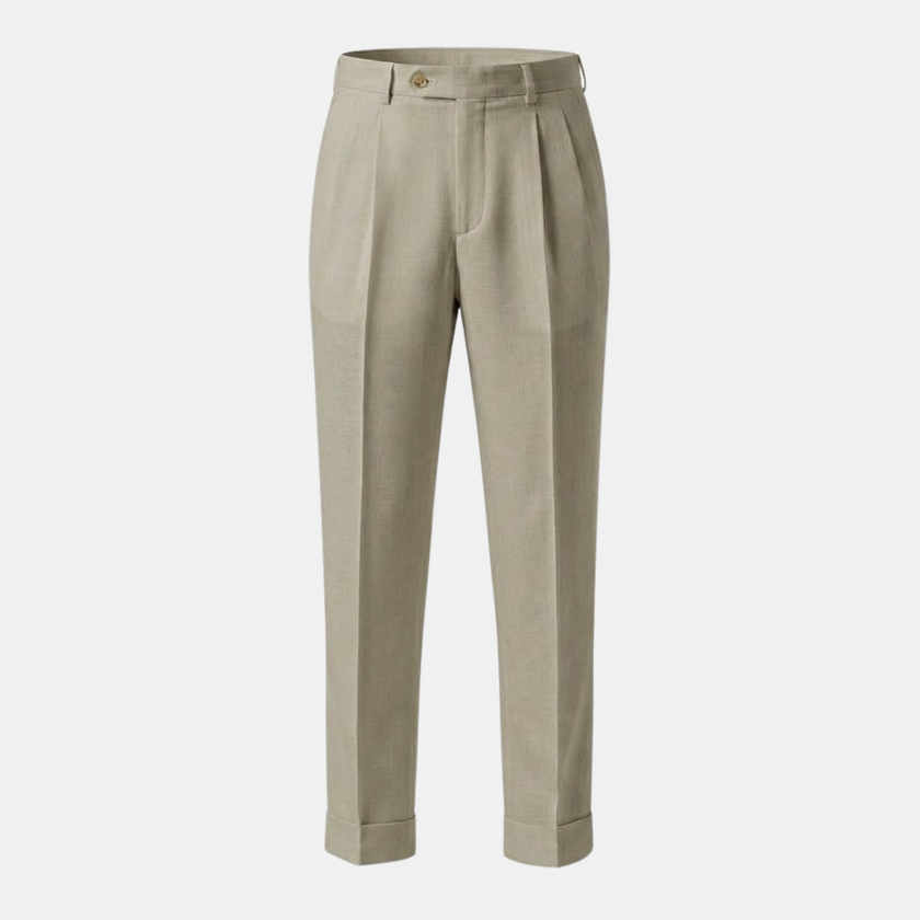 Men's tailored linen trousers by FJØRNA with pleated straight-leg design, lightweight fabric, and classic fit for a sophisticated look.