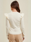 Ruffle Sleeve Knit Sweater Women Relaxed Fit Round Neck