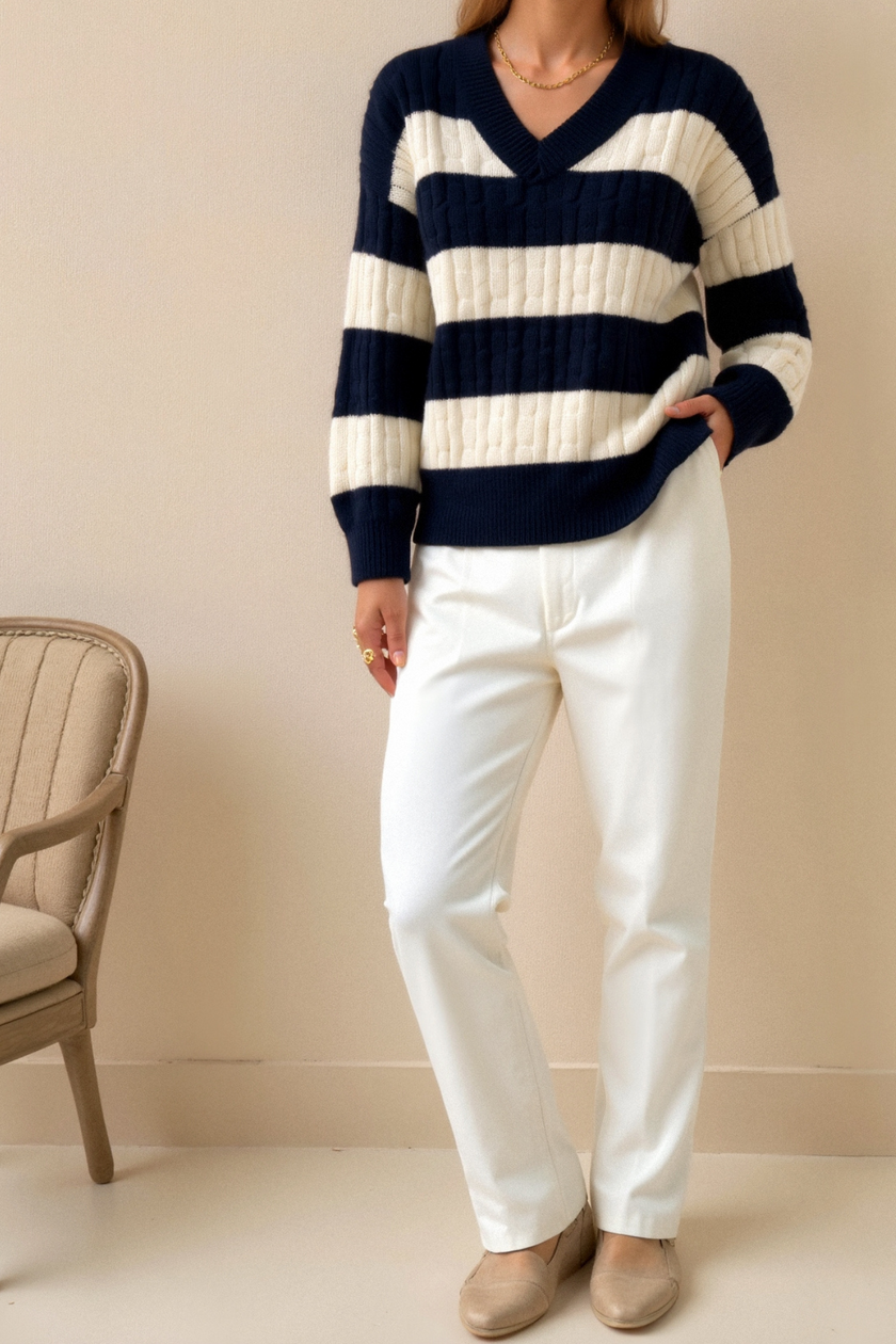 Cable Knit Sweater Women V-Neck Color Block Drop Shoulder Cotton