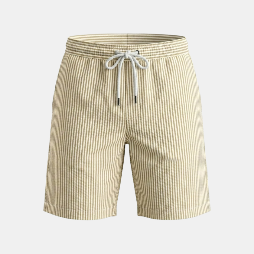 Men's striped FJØRNA relaxed drawstring shorts for summer, casual style, featuring a comfortable fit and lightweight fabric.