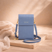 FJØRNA touchscreen crossbody phone bag for women, featuring a compact design with a transparent phone window and adjustable strap.