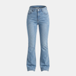 Women’s high waist slim fit bootcut jeans by FJØRNA, made from durable cotton denim, shown in a natural standing pose.