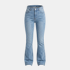Women’s high waist slim fit bootcut jeans by FJØRNA, made from durable cotton denim, shown in a natural standing pose.