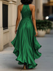FJØRNA navy satin halter gown with ruffle details, elegant black tie dress for formal events, showcasing the front view.