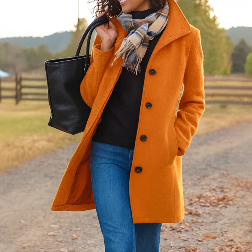 Wool Coat Tailored Notch Collar Button Up Long Winter Coat | Elvira