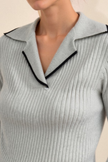 Contrast Trim Sweater Women Lapel Collar Cotton Blend Grey