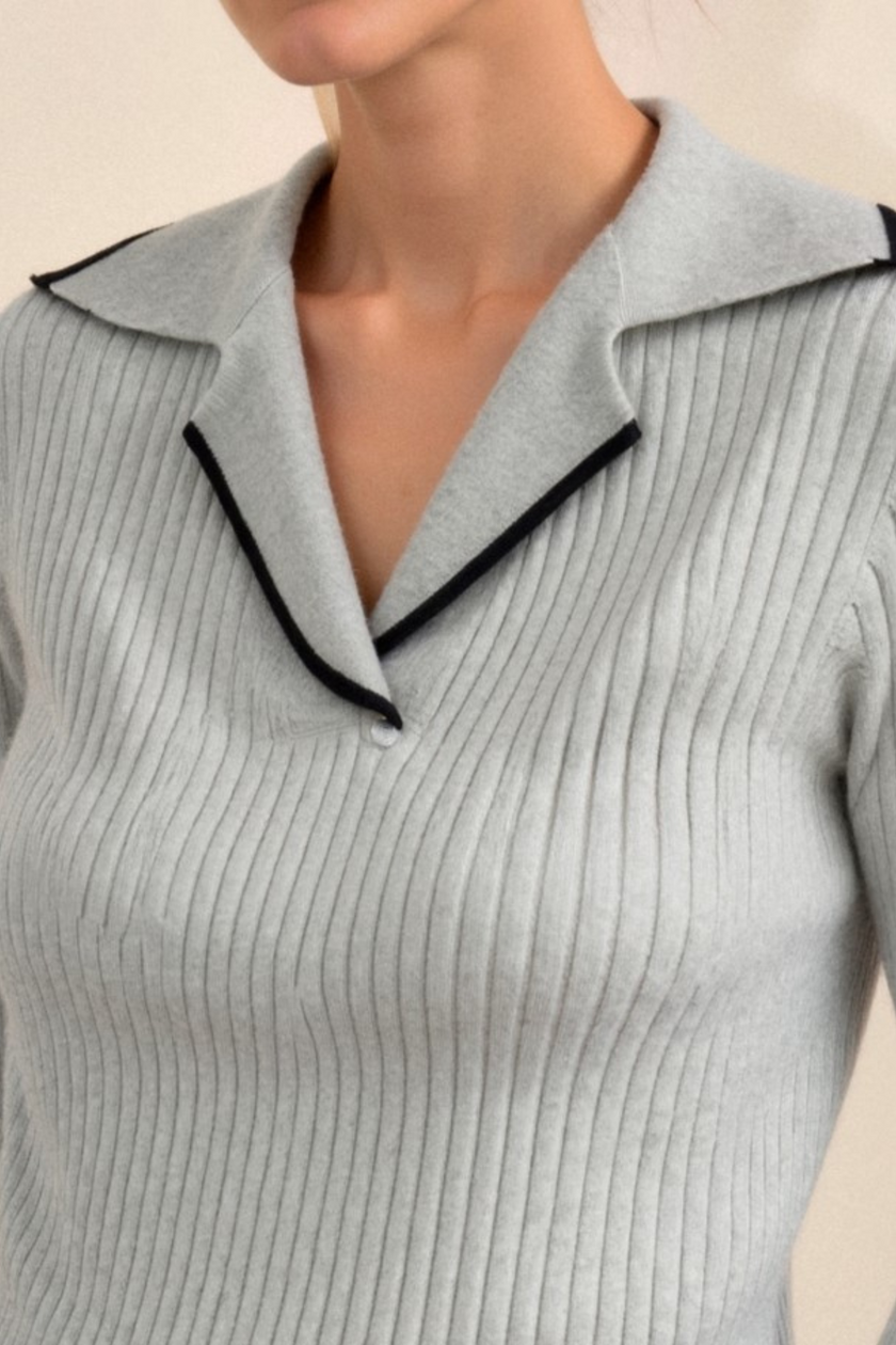 Contrast Trim Sweater Women Lapel Collar Cotton Blend Grey