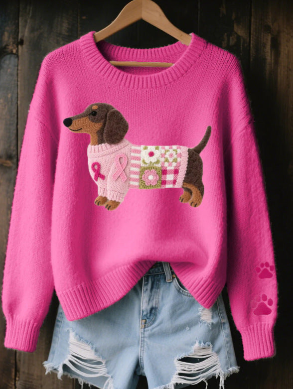 Graphic Knit Sweater Women Crew Neck Dog Print Long Sleeve