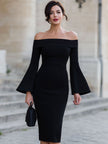 FJØRNA off-shoulder bell-sleeve bodycon midi dress, stylish cocktail dress with fitted silhouette and dramatic sleeve design.