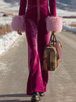 Rose red velvet faux fur collar flared jumpsuit for women, featuring stylish wide-leg pants by FJØRNA.
