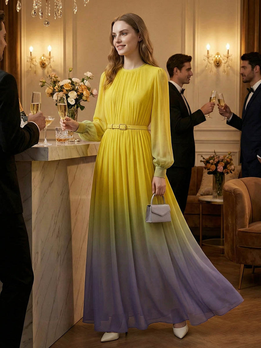 FJØRNA high waisted long sleeve maxi dress with belt, contrast color gradient, pleated split-joint round neck, elegant and stylish.