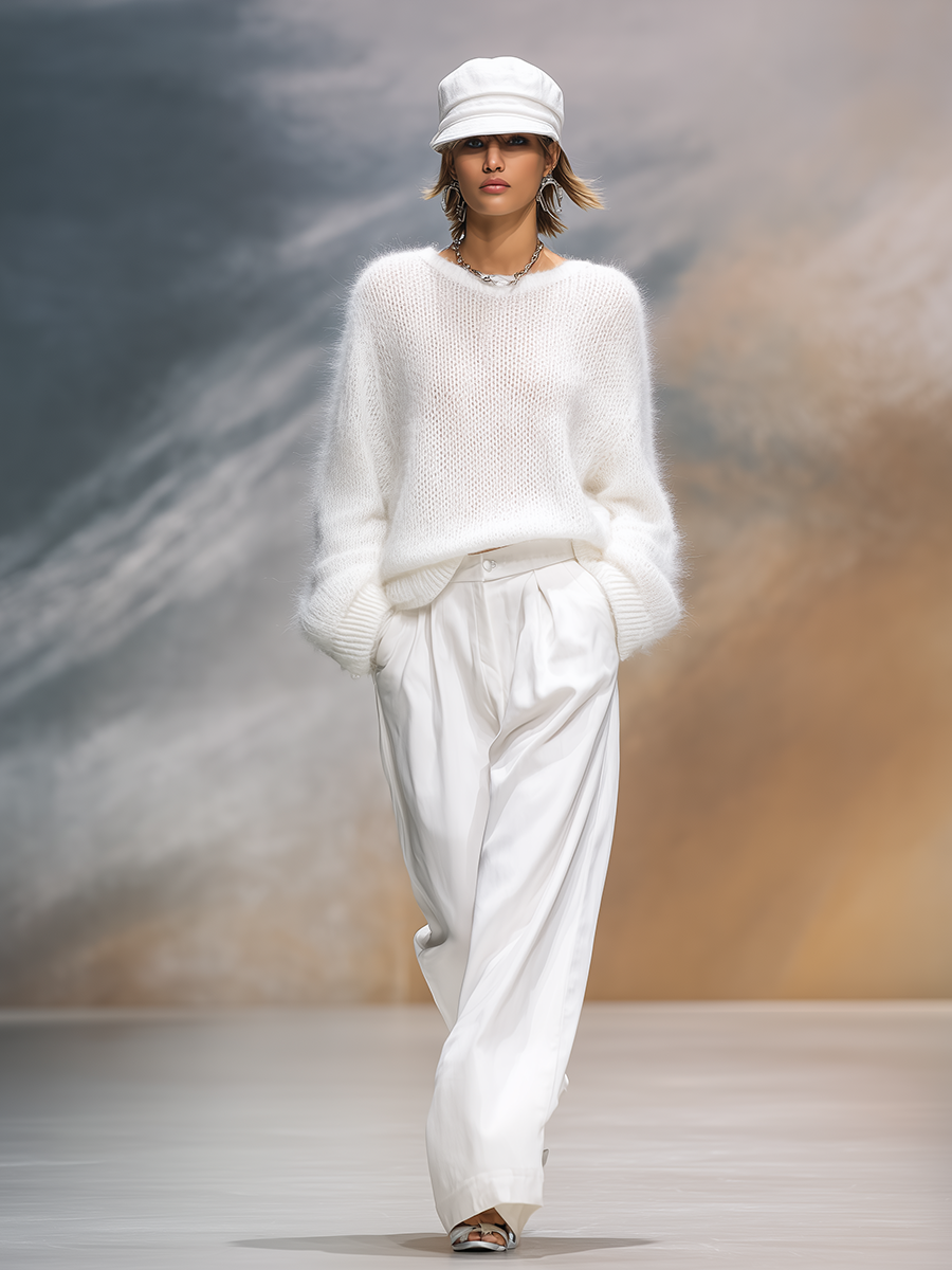 Loose Crew Neck Knit Jumper Sweater Long Sleeve Solid Colour for Women
