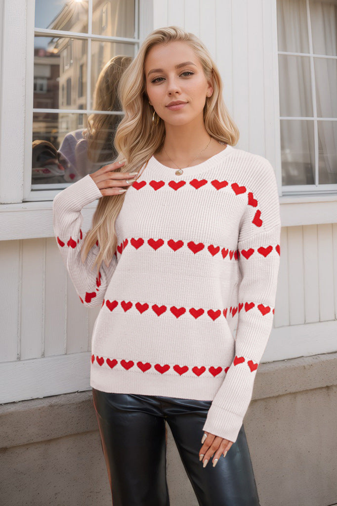 Heart Print Knit Sweater Women Crew Neck Striped