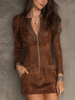 Vintage caramel brown suede mini dress with lace trim and front zipper by FJØRNA, showcasing a stylish women's dress.