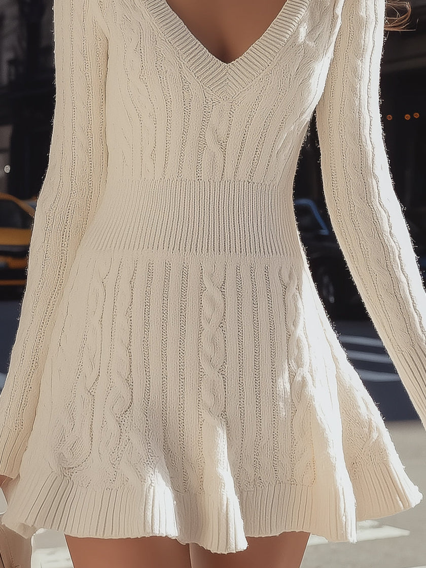 Cream cable knit V-neck flare hem sweater dress by FJØRNA, featuring a mini length and cozy, textured knit fabric.