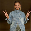 Oversized Denim Jacket Women High Collar Asymmetric Zip