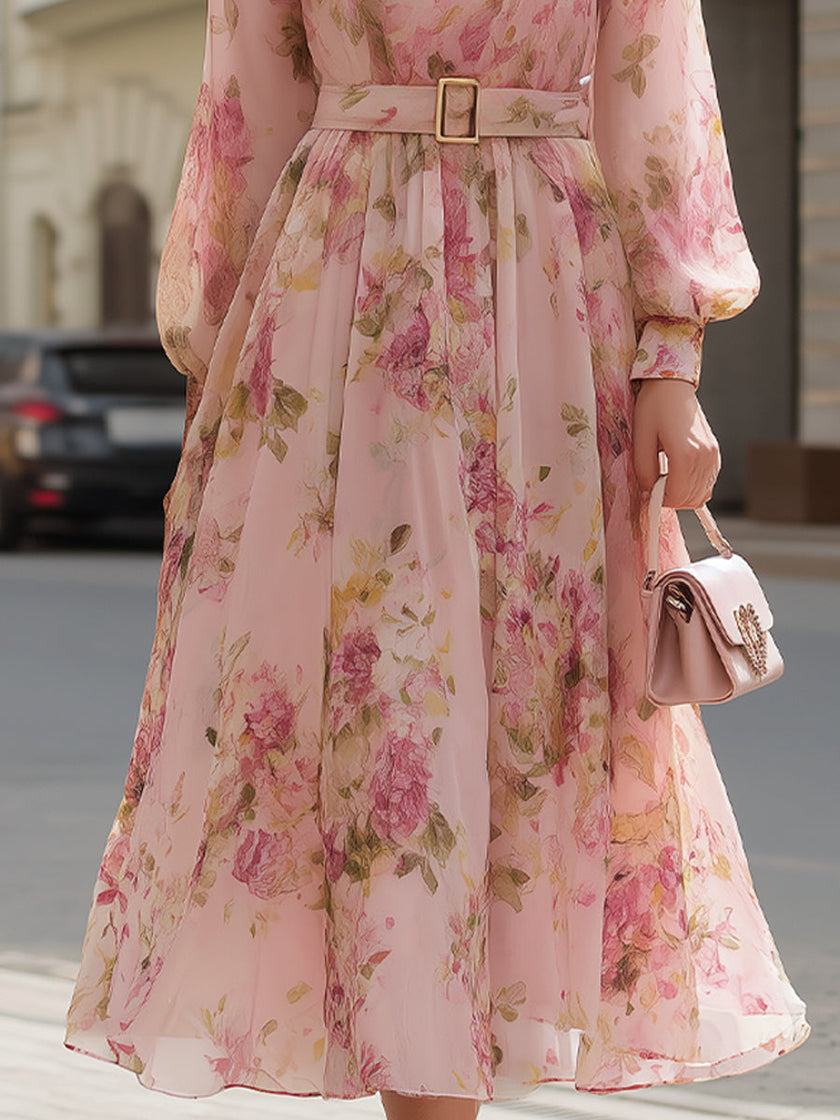 FJØRNA blush pink floral chiffon A-line midi dress, elegant women's dress with a flowy silhouette and floral pattern.