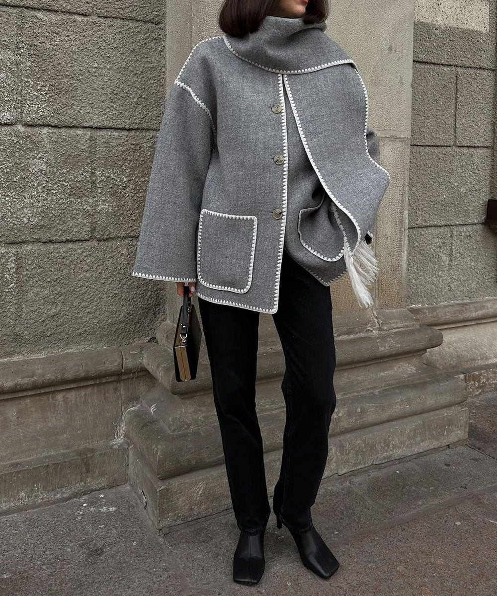 Cape Coat Open Front Fringe Hem Contrast Trim Oversized Poncho Wrap | Fenna